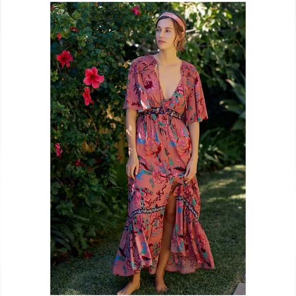 Anthropologie Ruffled Embroidered Maxi Dress Size XS - Picture 3 of 8